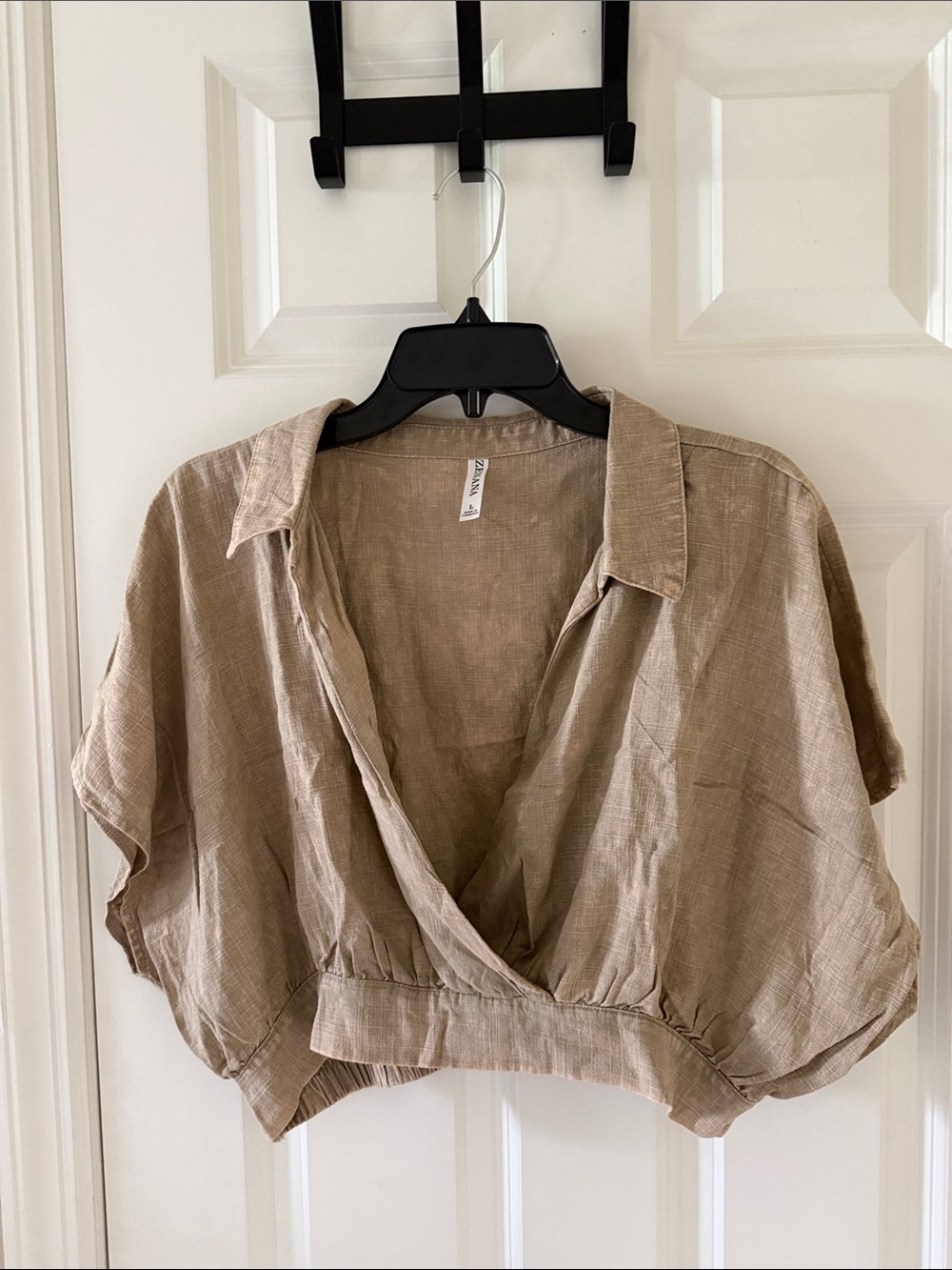 Zenana Outfitters Cropped Wrap Top in Light Taupe